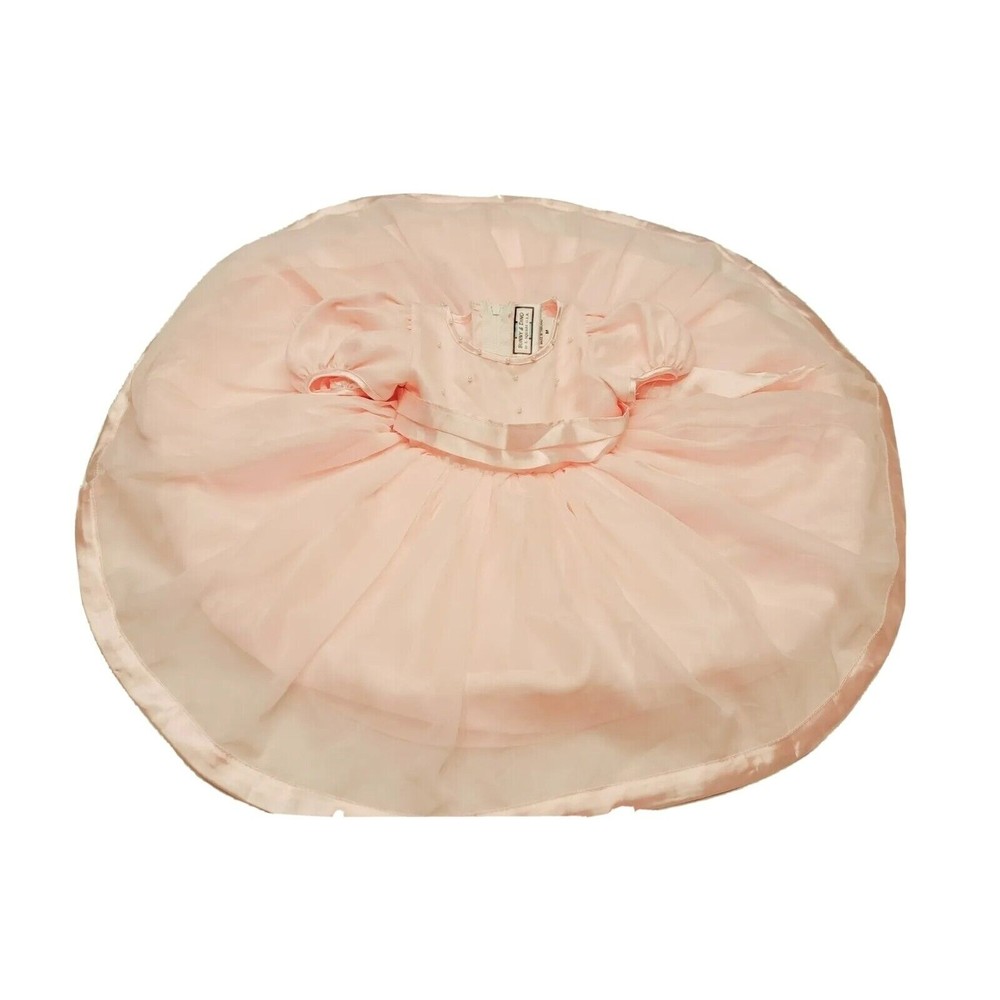 VTG Baby Girls FANCY Pink Layered Dress Satin Trim‎ Faux Pearl Size Appx 6-12 M